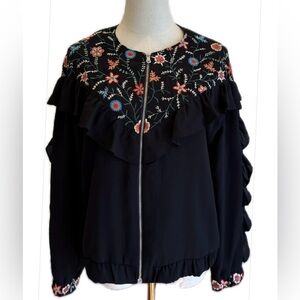 trf_outerwear Black Floral Embroidered Ruffled Full Zip Long Sleeves Jacket S